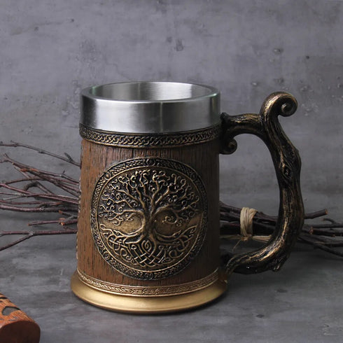 Enchanted Grove Draught: Nordic-inspired beer mug with Tree of Life Drakkar tankard in a large size.